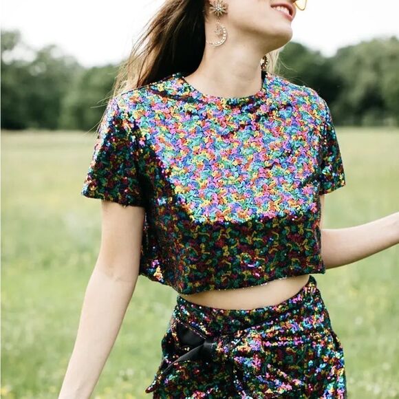 Fringe & Co NWT Rainbow Sequin Crop Top XXXL - Picture 3 of 10